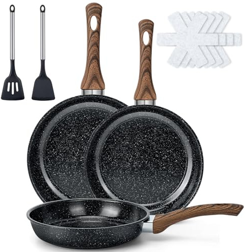 Colourcoco Frying Pan Set - 9 Pieces Non-Stick Induction Compatible Cookware with Heat Resistant Handles, Dishwasher Safe Kitchen Pans, Black