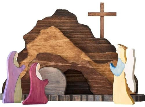 Osterkrippe Holz Osterszene Dekoration, Handgefertigte Jesus Krippe Holzkreuz Osterfigur Auferstehungs Szenen Set, Ostern Jesus SchildTablett Dekorationen für Zuhause Tischplatte Büro