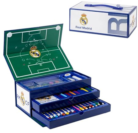 Real Madrid CF Set di Cancelleria, Include Matite Colorate, Pennarelli, Acquerelli, Pennello, Spugna, Matita, Temperamatite, Gomma, Pastelli a Cera, Quaderno, Astuccio, Set Scolastico per Ragazzi