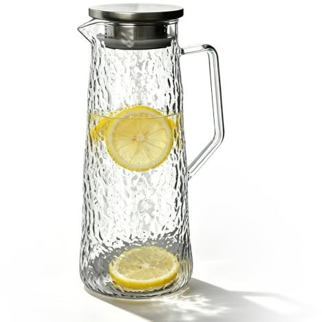 Carafe Eau 1,5L, Verre Borosilicate, Carafe À Résistante À La Chaleur Avec Structure Martelée, 2 Becs Verseurs, Versement Sans Goutte, Pichet Pour Eau, Jus Et Thé 1,5L