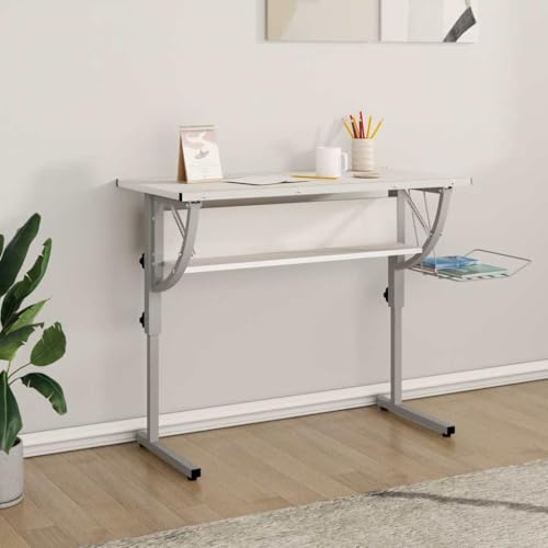 Basinlix Craft Table White Grey 110 x 53 x (58-87) cm Wood Material Powder-Coated Steel Adjustable with Shelf and Magazine Holder for Office, Home Office, Teenager's Room, Learning, Gaming