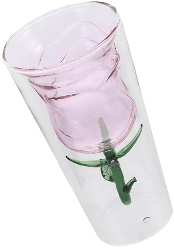 IDEANATEGRATE Bicchiere in Vetro a Doppio Strato a Forma di Rosa da 250ml per Bevande Rosse e Cocktail, Raffinato e Originale per Uso Domestico e Occasioni Romantiche