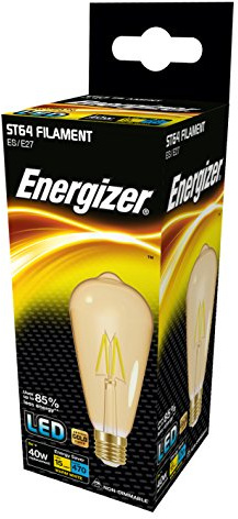 Energizer E27 Vintage ST64 LED Filament Light Bulb - 5W. Warm White 2200K, 470 Lumen Energy Saving Lightbulb. Non-Dimmable - Large Edison Screw (ES)
