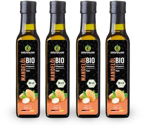 Kräuterland Bio Mandelöl 1000ml - 4x250ml Mandel Bio-Speiseöl, kaltgepresst, naturrein, vegan - zum Kochen, Backen, für Salate & Desserts - auch zur Haut- und Haarpflege