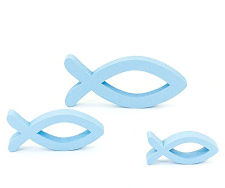 Oblique Unique® Deko Fisch 3er Set Hellblau aus Holz - Tisch Deko für Taufe, Kommunion und Konfirmation