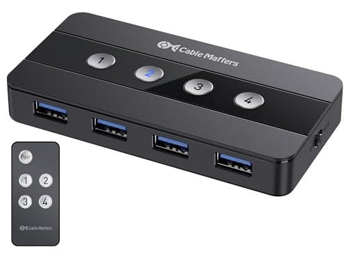 Cable Matters Conmutador USB 3.0 de 4 Puertos para 4 PC y periféricos USB (Switch USB 3.0) - Conmutación por botón o Mando a Distancia - Incluye Adaptador USB-C para USB-C y Thunderbolt 3