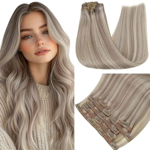 RUNATURE Extensions Clip in Echthaar Blond Haarextensions Clip in Dunkel Aschblond mit Platinblond Remy Echthaar Clip in Extensions Glatt 30cm 12 Zoll 80g #19AP60