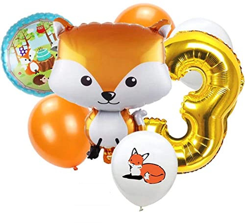 DIWULI Fuchs Luftballon Set 3 Jahre - Waldtiere Geburtstag Deko, Zahlen-Ballon Zahl 3 Gold, Luftballon Tiere Geburtstagsdeko 3 Jahre Kinder-Geburtstag Junge Mädchen Motto-Party Folienballon Geburtstag