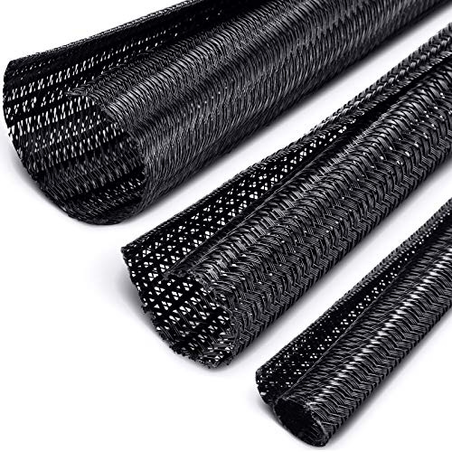 3 Pieces 30 ft 3/4 Inch, 1/2 Inch, 1/4 Inch Tubing Cable Sleeve Black Split Sleeving Cord Protector Wire Loom for USB Charger Cable Power Cord Audio Video Cable