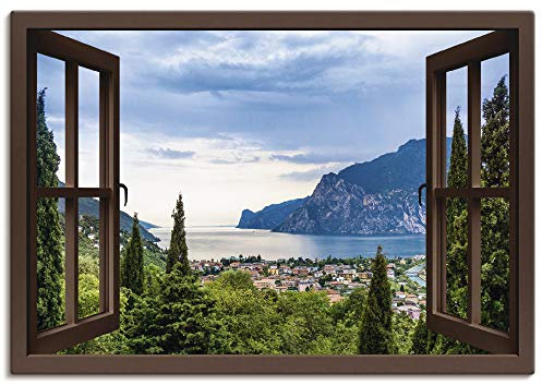 ARTLAND Wanddeko Leinwand Bilder Wandbild 100x70 cm Querformat Fensterblick Gardasee Landschaft See Natur Berge Italien U1TU