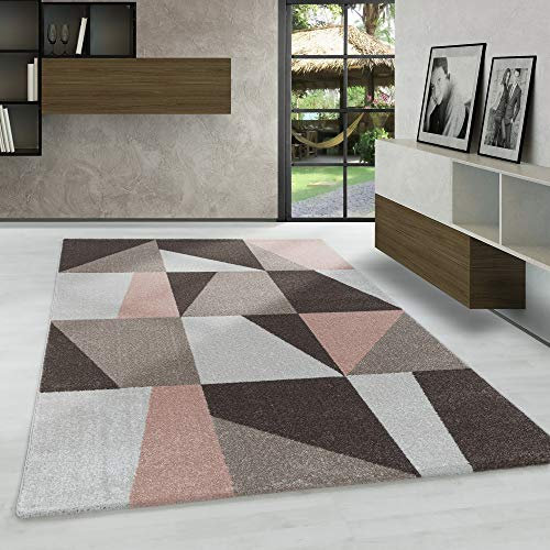 Modern Designer Kurzflor Teppich, Geometrische Karo Design, Rechteckig, Braun - Beige - Rosa Farbe, Pflegeleicht, Wohnzimmerteppich, Größe:140 x 200 cm