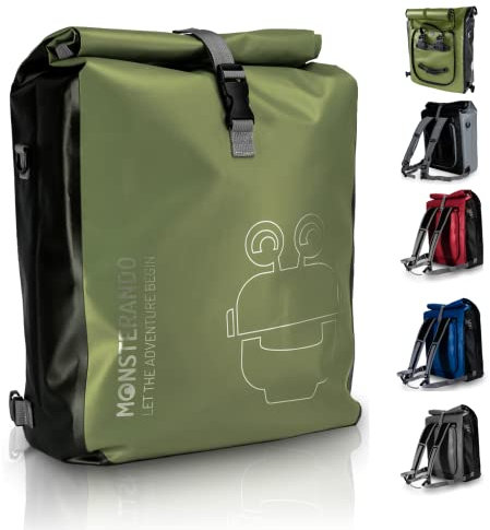 MONSTERANDO Fahrradtasche 3 in 1 und Rucksack - 25L - wasserdicht mit 14 Laptopfach - als Gepäckträgertasche, Umhängetasche & Rucksack einsetzbar - ideale Gepäckträgertasche fürs Fahrrad - grün