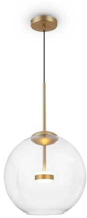 Elegante LED Pendelleuchte Cometa, 1-flammig ,transparent Kugelschirm, aus Glas und Gold Metall, LED inkl. 3000K, 720LM, 12W für Wohnzimmer, Küche, Schlafzimmer, Esszimmer und Büro