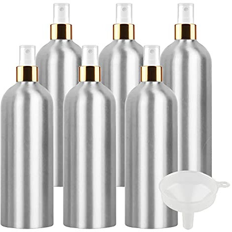 TIANZD 6 Stück Tragbar 500ml Leere Aluminium Sprühflasche mit Weiß/Gold Sprühkopf, 500 ml Feinen Nebel Pumpzerstäuber Aluminium-Flasche Zerstäuberflasche Reise Flasche, 1x Trichter