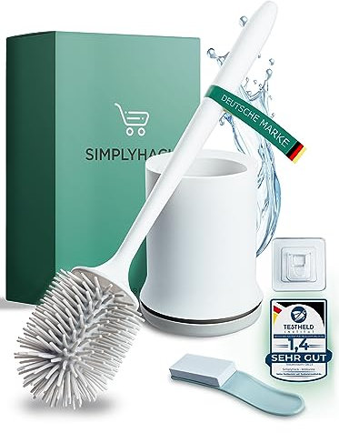 SIMPLYHACK – Toilettenbürste silikon – hygienisch & schnell getrocknet – Klobürste weiß – Schmutz & wasserabweisend – WC Bürste mit Halter – Wandmontage ohne Bohren – inklusive Toilettensitzheber