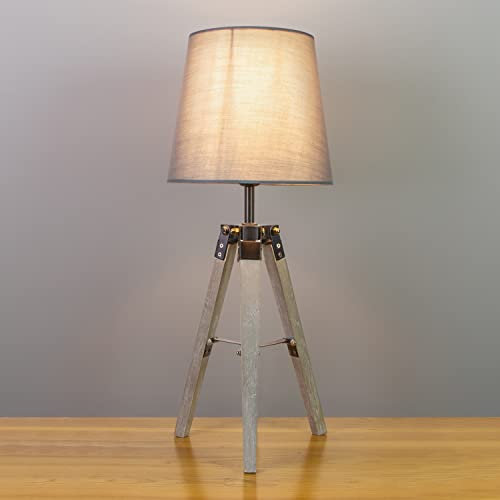 Anika Parlak Tripod Table Lamp with Switch Control/Easy to Install Bulb/Cotton Shade and Wooden Base/Mains Powered / 45 x 20cm (Grey)