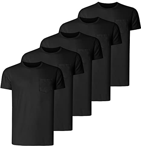 Teesmen Mens Plain T Shirt 5pack Cotton Multipack Crew Neck Tees Work Summer Short Sleeve Breathable T Shirt for Men（Pocket Black M）