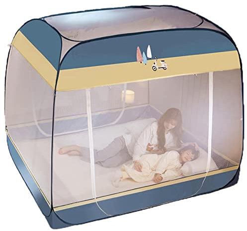 Moskitonetz Bett Niedlich Drucken Design Tragbare Mückennetz für Doppelbett Faltbare Pop Up Fliegennetz Zelt, Doppelter Eingang Reise Falten Netze für Heim Outdoor,Blue,150 * 195 * 165cm
