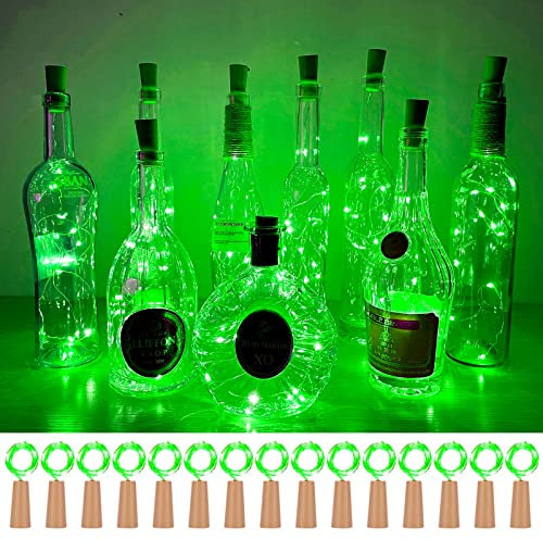 Wine Bottle Lights with Cork 15Pack 10 LED 40 Inches Battery Operated Silver Wire Liquor Fairy Mini String Lights for Party Christmas Halloween Wedding Decoration (Green)