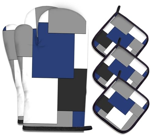 MCALK 5 Pcs Navy Blue Oven Mitts and Pot Holders Sets, Black Oven Gloves and Hot Pads for Kitchen Cooking, Abstract Modern Art Oven Mitt Potholder is Both Functional and Decorative