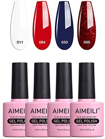 AIMEILI Gel Nail Polish Set, Red Blue Glitter Gel Polish Set Soak Off UV LED Glossy Gel Varnish Nail Art Manicure Pedicure - Long Lasting & Easy to Apply 4pcs X 10ml - Kit33