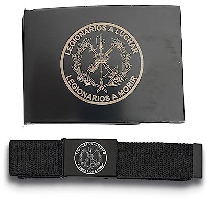 ADCSHOP Gürtel mit Logo der spanischen Legion lasergraviert auf schwarzer, brünierter Metallschnalle – schwarzes Nylonband 135 cm x 3,9 cm – Länge verstellbar – Gewicht 110 g