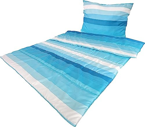 MB Warenhandel24 Bettenset 1x Bettdecke ca. 135x200 cm und 1x Kopfkissen ca. 80x80 cm Bettwäsche Bedruckt Allergiker Steppbett & Kopfkissen Bezug 100% Polyester (Blau gestreift)