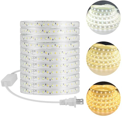 LED Strip Light 20M - Dimmbare hohe Helligkeit 220V AC, IP65 Wasserdicht, 3000K-6500K Farbtemperatur mit 3 Farben, schneidbare Lichterkette für Schlafzimmer,Küche und dekoration im Freien