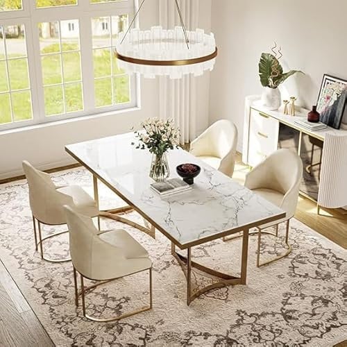 POVISON Moderner Esstisch mit 4 Stühlen,Barock Esszimmertisch aus Kunst Marmor 160cm, Rechteckige Tischplatte Weiß, Beige PU Leder Stuhl,für 4 Personen(Tisch + 4 Stühle)