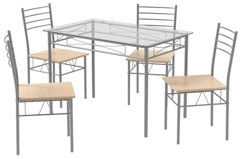 Giantex - Mesa de comedor de cristal templado con 4 sillas, juego de comedor, bandeja espaciosa y asiento grande con granos de madera delicados, para cocina, salón, KZ99507