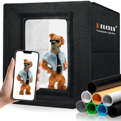 DUCLUS Light Box Photography 30cm/12x12 Portable Photo-Box Booth, Mini Shooting Tent Kit with 112 LED Lights Dimmable, 8 Photo Backdrops for Product Photography