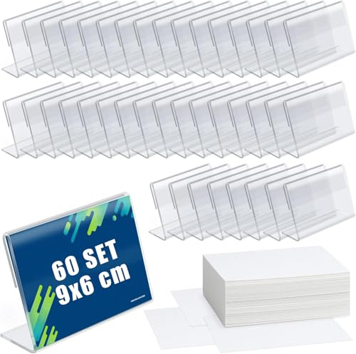 MUXHEL 60Set Mini Acrylic Sign Holder 9x6cm Clear Acrylic Label Holder with 60 Blank Cards Mini acrylic sign Display Holder Price Name Card Tag Label Stands for Office Supermarket Shop Hotel Display