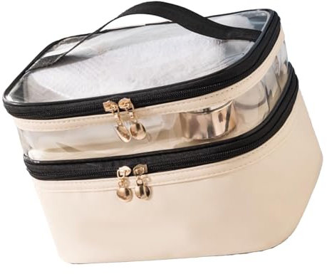 Doppelschichtige Make-up-Tasche, PU-Leder, PVC, Glatte Reißverschlüsse, Kosmetiktaschen für die Reise (Beige)