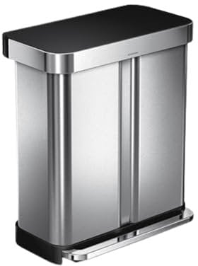 simplehuman 58L (34/24) Rectangular Recycling Double Kitchen Pedal Bin with Liner Pocket, Silent Soft Close Lid, Strong Wide Pedal, Dent-Proof Lid, Brushed Stainless Steel with Black Plastic Lid