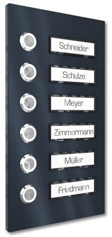 Graviers Design Campanello multi familiare con Pulsante LED Targhetta 6 nomi - V2A acciaio inox 140x255 mm Verniciatura a polvere RAL 7016 - incasso selezionabile esterno porta d'ingresso