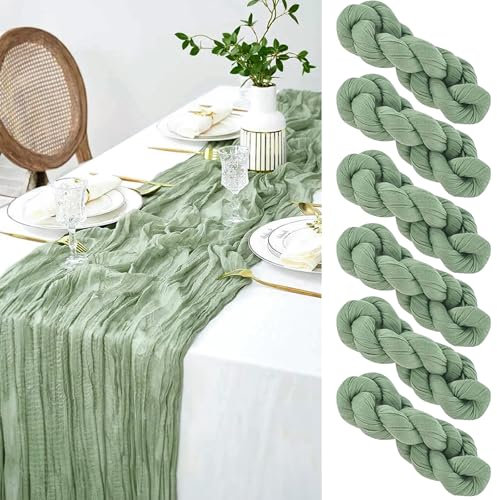 Yosiio Tischläufer Grün, 6 Stück Salbeigrün Käsetuch, Seihtuch Tischdeko für Boho, Hochzeit, Party Geburtstag Dekoration 90 x 300 cm