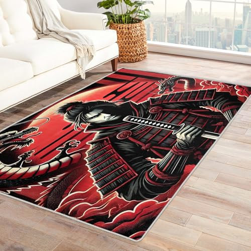 Samurai Deko - Teppich Wohnzimmer Schlafzimmer Japanisches Motiv, Großer Teppich Asiatischer Stil Chinesischer Drache, Weich Kurzflor & Waschbar & rutschfest Wohnzimmerteppich 140x200 cm