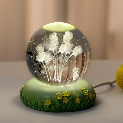 Blumen Nachtlicht 60mm Glaskugel Nachtlicht mit LED Halterung 3D Rosen Kristallkugellampe USB Aufladung Blume Nachtlampe Schlafzimmer Schlafen Tischlampe für Zuhause Tischdekorationen