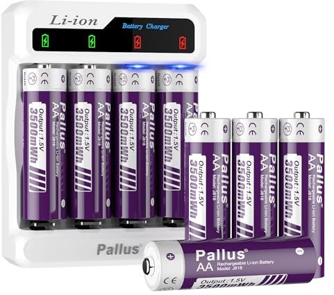 Rechargeable AA Lithium Batteries, 3500mWh Large Capacity 8 Pack, 1500+ Cycles with Voice Smart Charger for Digital Cameras, Toys, Remote Controls, Game Consoles