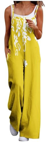 Flodxo Dungarees for Women UK Plus Size Summer Casual Jumpsuit Playsuits Wide Leg Dressy Pants Overall Sleeveless Floral PRT Palazzo Trousers Rompers Pockets Elegant Loose Oufits Yellow 3XL