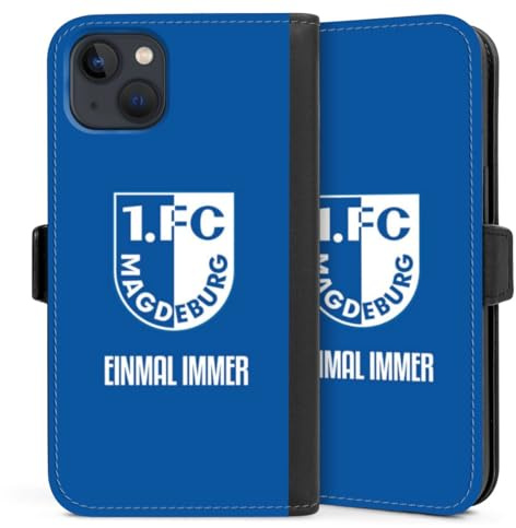 Klapphülle kompatibel mit Apple iPhone 13 Handyhülle aus Kunst Leder schwarz Flip Case 1. FC Magdeburg Offizielles Lizenzprodukt Wappen