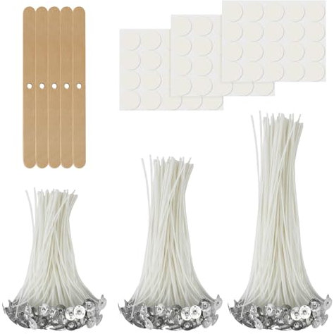 AMFUN Mecha para Vela, 180 Piezas Mechas para Velas Recortables, Mecha de Vela de Algodón, con Portamechas de Madera y Pegatinas de Mecha de Doble Cara para Aromaterapia De Velas De Bricolaje