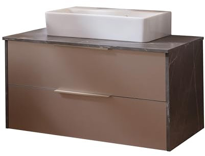 Lanzet Vidro 2er Set Waschbecken mit Unterschrank in Marmoroptik, 90 cm Breit, Keramikbecken in Weiß, Zwei Schubladen mit Soft-Close System, Glasfront in Goldbronze