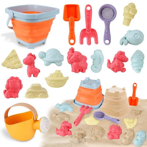 Sandspielzeug Set 17 Stück ab 3 Jahren, Sandspielzeug Strandspielzeug Kinder, Sandkasten Spielzeug mit Faltbarem Eimer, Sandschaufel, Sandformen & SPRÜHFLASCHE, Reise Sandspielzeug für Garten, Outdoor