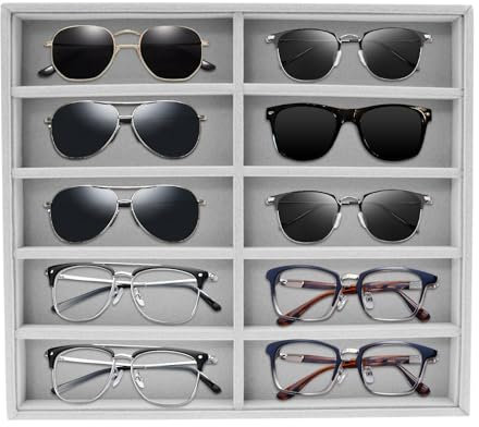 LuLobtg Sunglass Organiser Box, 10 Grid Velvet Glasses Display Case, Stackable Eyeglasses Storage Tray for Drawer, Divided Eyewear Storage Container, Sunglasses Displaying Holder for Men Women