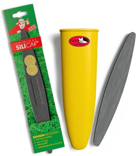 Sensenwerk 3er Set Wetzstein für Sensen – inkl. Sensenwetzsteine grob NK150 aus Norm alkorund, fein CD400 aus Siliciumcarbid und Schleifsteinhalter für Gürtel