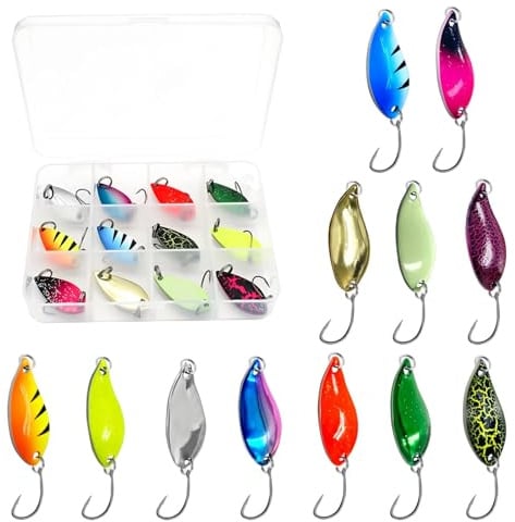 SHENGYIG 12 Stück Forellen Spoon, Spinner Forelle | Bunt Löffelform Angelköder Forelle, 3,5 g Angelköder Set, mit Transparenter Aufbewahrungsbox, für Forelle, Lachs, Barsch