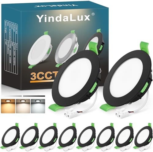 YindaLux 10x LED Einbaustrahler 230V Dimmbar 8W IP44 Schwarz Loch 75-90 mm | 800lm, IP44, ultraflach, 3 Lichtfarben 2700K/4000K/6500K wählbar, Flimmerfrei, für Bad, Küche und Wohnzimmer