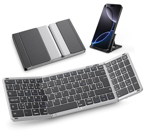 OMOTON Wireless Foldable Keyboard with Numeric Keypad, QWERTY UK, Grey | 3 Bluetooth Channels for iPad/iPhone/Mac/Android/Windows/Tablets, Portable Design for Business, Travel