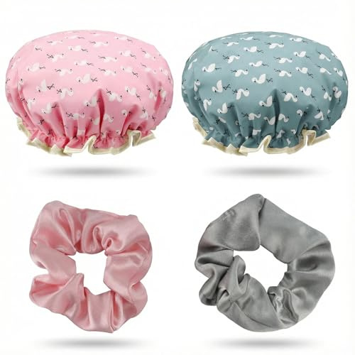 2 Pcs Waterproof Double-Layer Shower Caps with Elastic Band & 2 Hair Ties | 2 Pcs waterproof double-layer shower caps. With elastic band and 2 hair ties. Keep hair dry in bath, kitchen. Reusable.